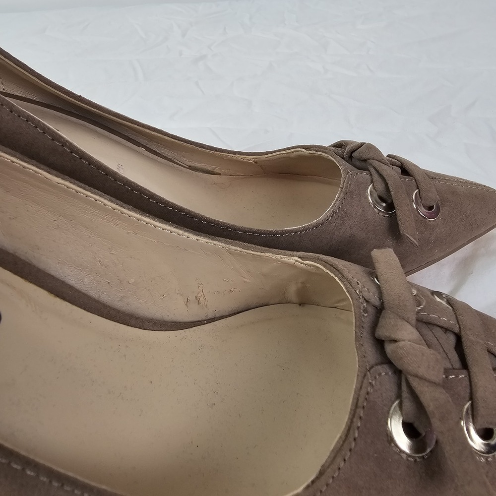 NINE WEST SUEDE Beige Brown Heels Pumps Size 5 1/2 5.5 Lace Up Pointed Toe Heels - Picture 7 of 10